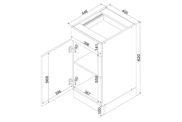 Dimensions du meuble: Meuble Bas de Cuisine 40cm avec 1 Porte et 1 Tiroir Blanc Brillant Bellisa | Cuisivance
