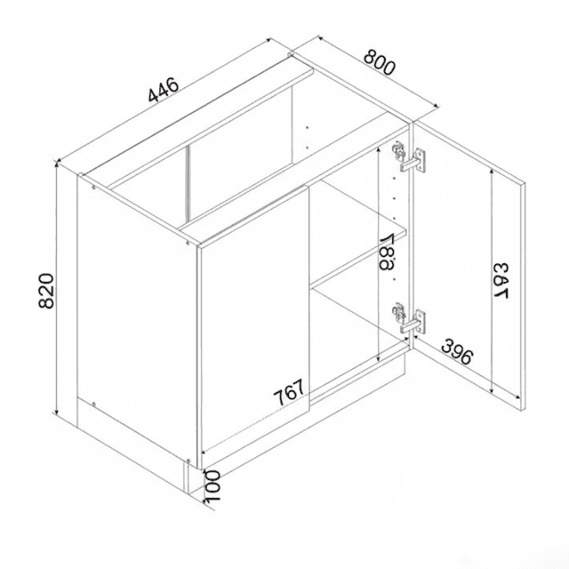 croquis avec mesures du meuble bas 80cm Beige Sable de Cuisivance