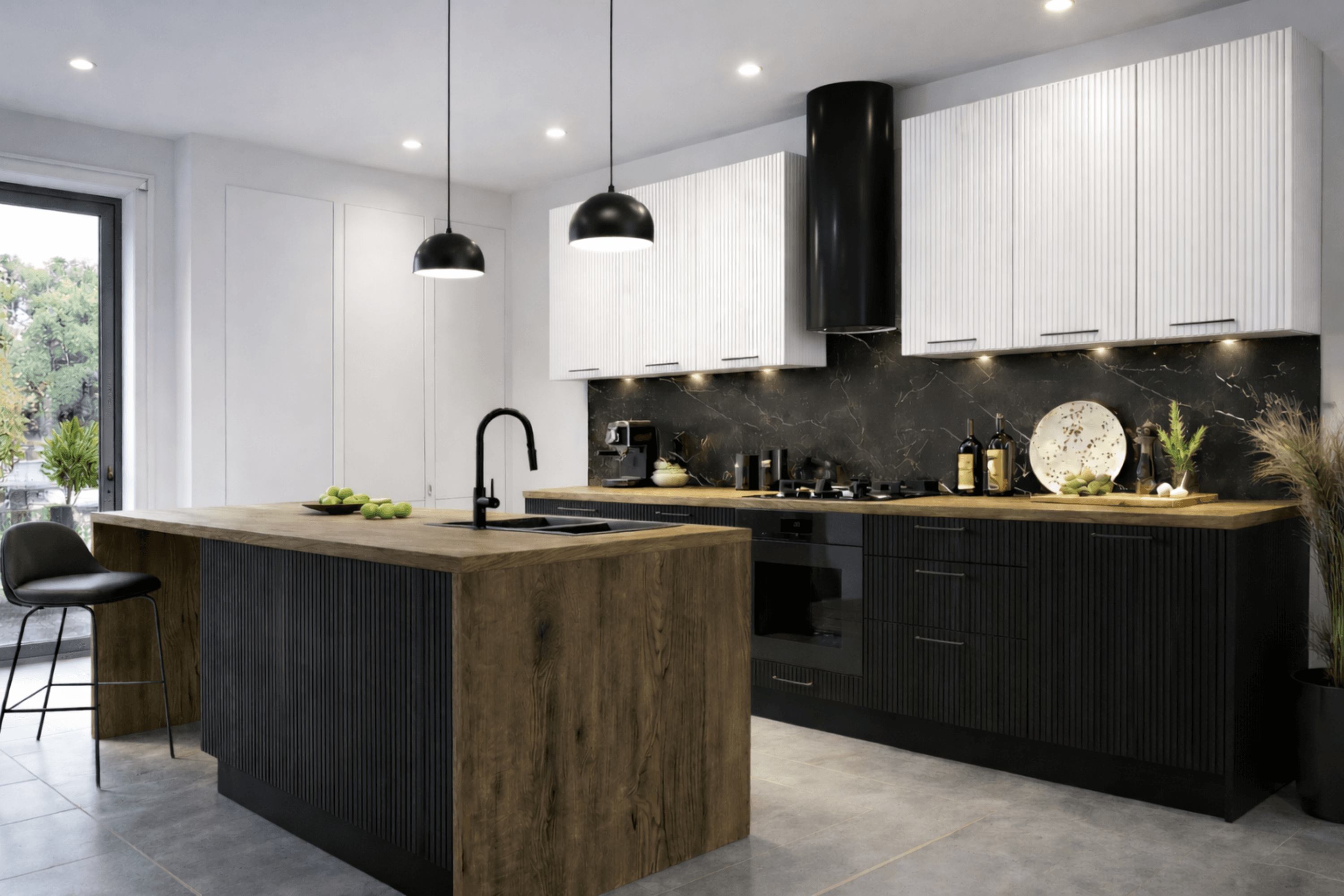 CUISINE SAGGIA - 340CM + ILÔT CENTRAL - BLANC ET NOIR RAINURÉ